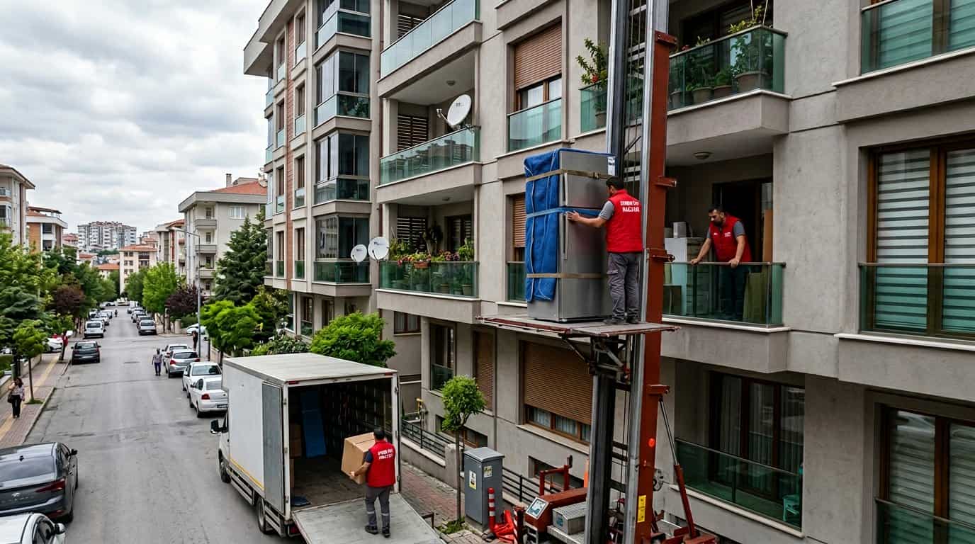 Muratlı Evden Eve Nakliyat kapsamında kirmizi dikey platformla kat arasi esya sevki