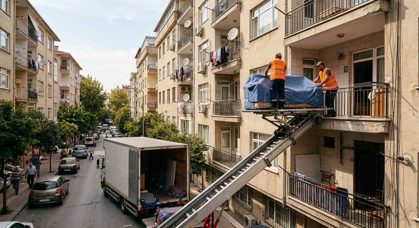 Asansörlü Nakliyat - yuksek kat esyalari icin mobil asansor kurulumu
